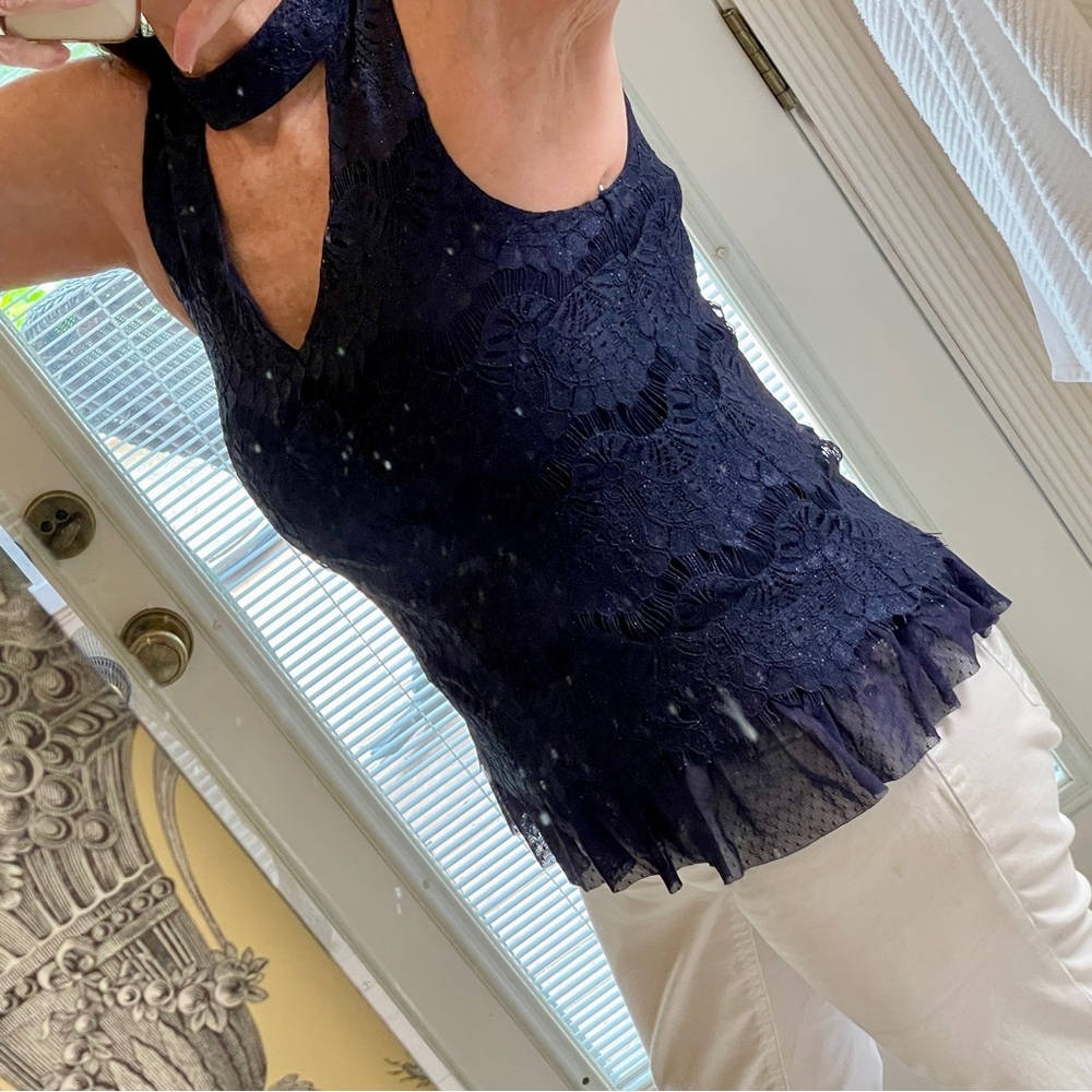 Francesca’s size M navy blue lace sparkly keyhole top ruffle and fringe hem EUC